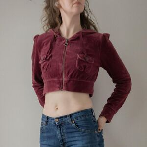 Arizona Women's Burgundy and Pink Cropped Y2K 2000s Zip Front Hoodie